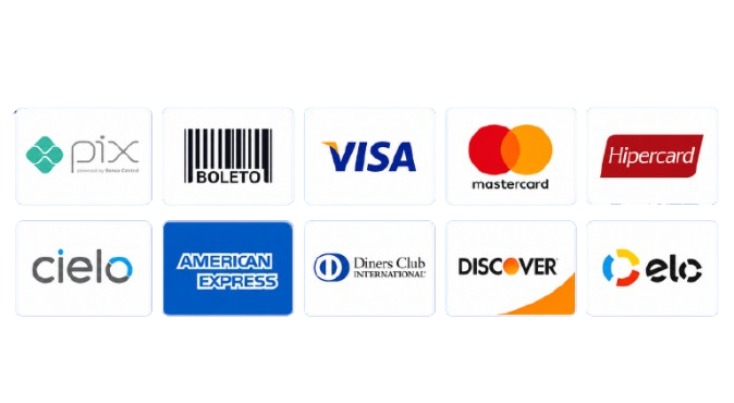 Formas de pagamento: Pix, Boleto, Visa, Mastercard, Hipercard, Cielo, American Express, Diners Club, Discover e Elo